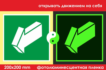 E19 открывать движением на себя (ГОСТ 34428-2018, фотолюминесцентная пленка, 200х200 мм) - Знаки безопасности - Фотолюминесцентные знаки - Магазин охраны труда ohranatruda-shop.ru